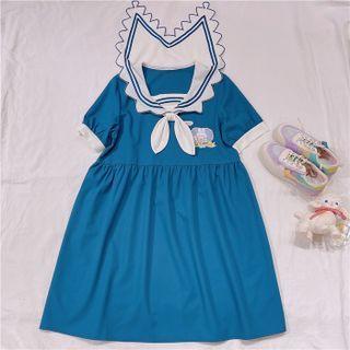 Short-sleeve Sailor Collar Cartoon Print A-line Dress