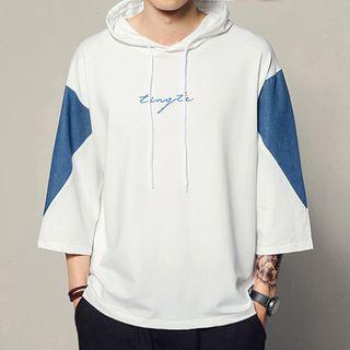 Hooded 3/4-sleeve Color Block T-shirt