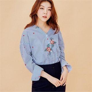 Flower-embroidered Striped Shirt