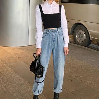 Cropped Shirt / Camisole / Straight-fit Jeans