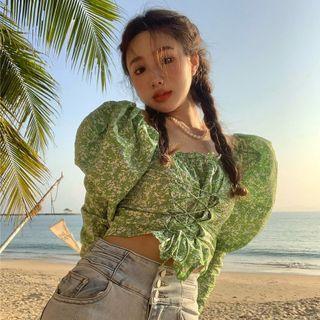 Puff-sleeve Floral Drawstring Cropped Blouse