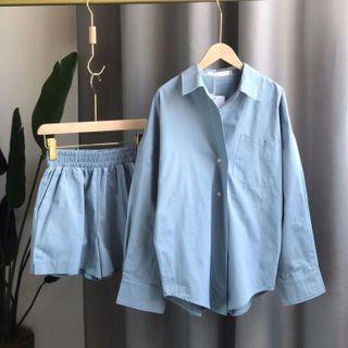 Set: Long-sleeve Plain Shirt + Wide-leg Shorts