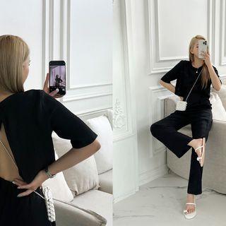 Slit-back Monotone Jumpsuit Black - One Size