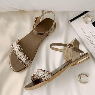 Faux Pearl Tweed Ankle-strap Flat Sandals