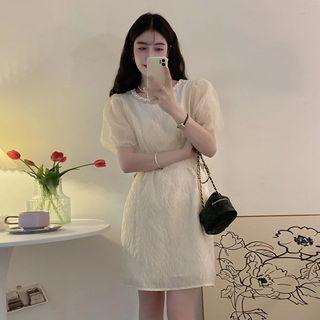 Short-sleeve Faux Pearl Trim A-line Dress