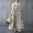 Spaghetti Strap Floral Maxi A-line Dress Floral - Tangerine & Green & Khaki - One Size