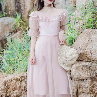 Elbow-sleeve Ruffled Mesh Midi Dress