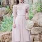 Elbow-sleeve Ruffled Mesh Midi Dress