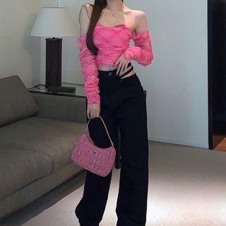 Long-sleeve Cold Shoulder Top / Wide Leg Jeans