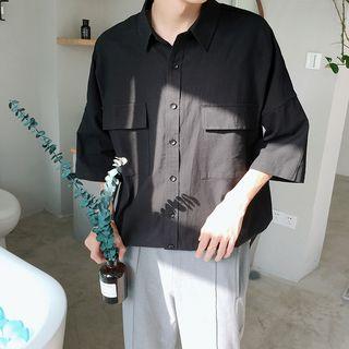 Pocket-front Elbow-sleeve Plain Shirt