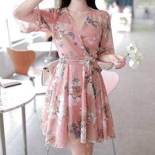 Bell-sleeve Flared Floral Chiffon Dress