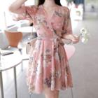 Bell-sleeve Flared Floral Chiffon Dress