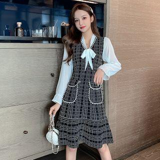Mesh Panel Long-sleeve Plaid A-line Dress