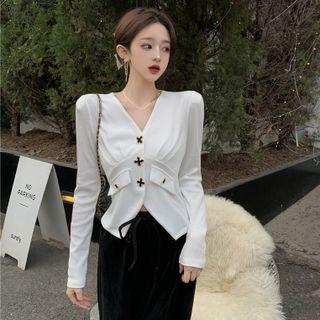 Long-sleeve Cross Button Top