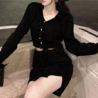 Set: Long-sleeve Button-up Knit Top + Mini Skirt