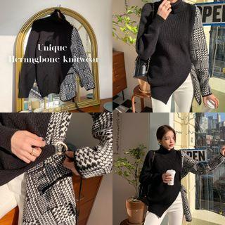 Turtleneck Belted Houndstooth-panel Knit Top