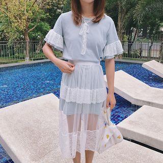 Short-sleeve Lace Trim T-shirt + Sheer Panel Midi Skirt