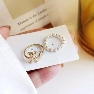 Set: Bear Rhinestone Ring + Beaded Ring Set - Gold - One Size
