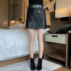 Faux Leather Belted Zip-up A-line Skirt
