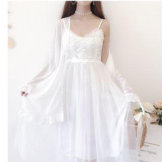 Spaghetti Strap Sequined Paneled A-line Midi Dress / Chiffon Light Jacket
