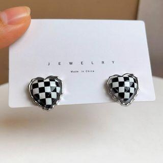 Checker Heart Alloy Earring 1 Pair - Black & White - One Size