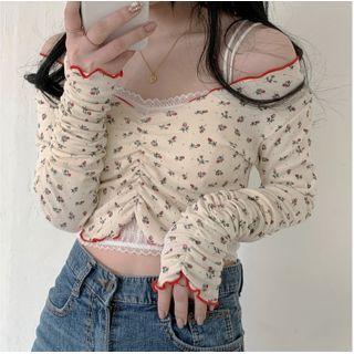 Floral Lettuce Edge Long-sleeve Cropped T-shirt Floral - Beige - One Size