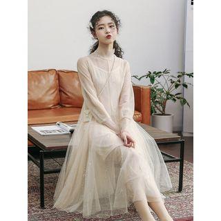 Set: Long-sleeve Sequin A-line Organza Dress + Slipdress