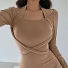 Plain Long-sleeve Slim-fit Halter Dress