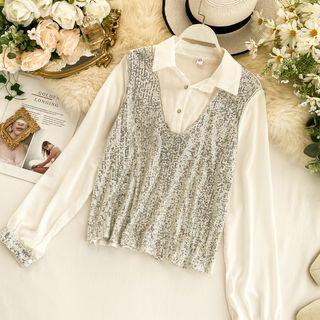 Long-sleeve Sequined Paneled Shirt