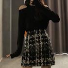 Cutout Shoulder Long-sleeve Knit Top / Tweed A-line Skirt