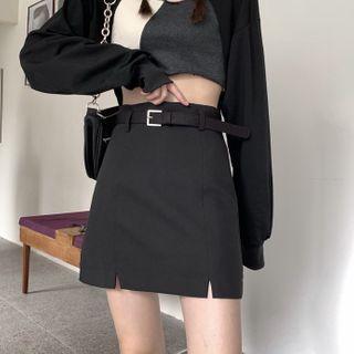Plain A-line Skirt / Long-sleeve Crop Top / Tank Top / Set