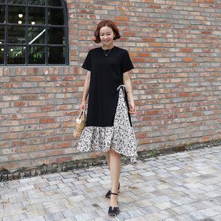 Floral Mock Two-piece Dress Black - One Size