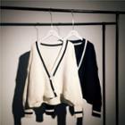 V-neck Color-block Cut-off Knitted Cardigan