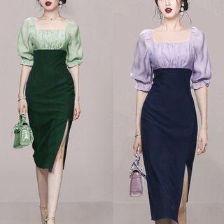 Puff-sleeve Square Neck Slit Sheath Dress