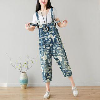 Printed Cropped Denim Jumper Pants Blue - One Size
