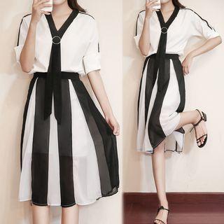 Set: Tie-neck Top + Color-block Skirt