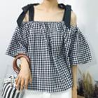 Bow Gingham Open Shoulder Elbow-sleeve Top