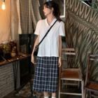 Short-sleeve Plain Shirt / Plaid Midi Straight Fit Skirt