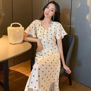 Short-sleeve Dotted Midi A-line Dress As Shown In Figure - One Size