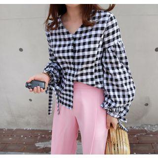 V-neck Balloon-sleeve Gingham Blouse