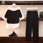 Set: Elbow-sleeve Two-tone Top + Cropped Pants