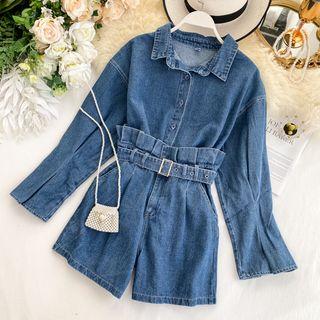 Set: Denim Shirt + Wide-leg Denim Shorts