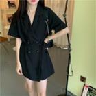 Double-breasted Elbow-sleeve Mini A-line Blazer Dress Black - One Size