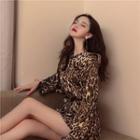 Long-sleeve Leopard Print Sashed Shirt As Shown In Figure - One Size