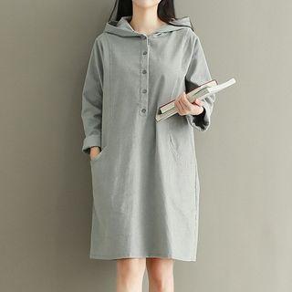 Plain Corduroy Hooded Long Sleeve Dress