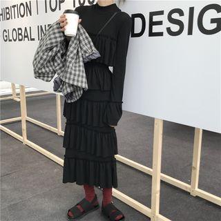 Long Sleeve Stand Collar Ruffle Dress Black - One Size