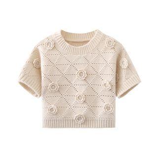 Puff-sleeve Flower Applique Knit Top