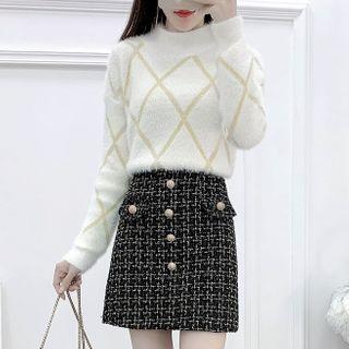 Set: Mock-neck Argyle Sweater + High-waist Single-breasted Tweed Skirt