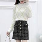 Set: Mock-neck Argyle Sweater + High-waist Single-breasted Tweed Skirt