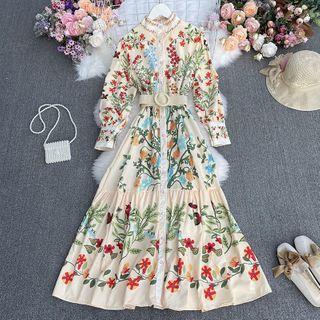 Floral Belted Maxi A-line Dress Almond - One Size